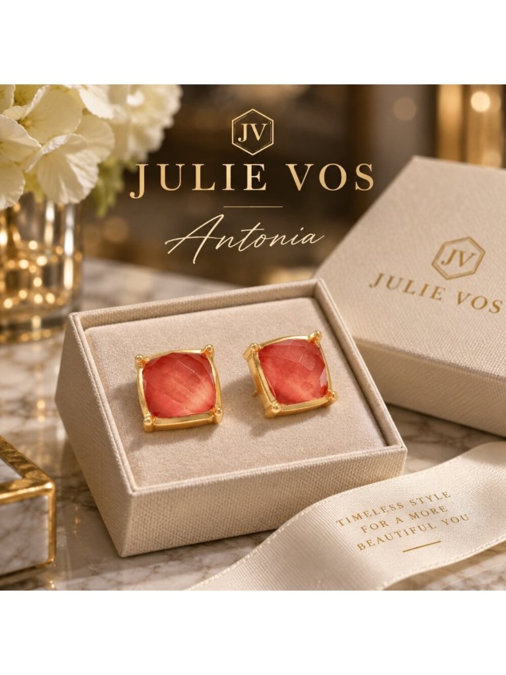 Julie Vos Antonia Statement Iridescent Coral Stud Earrings 24K Gold Plated